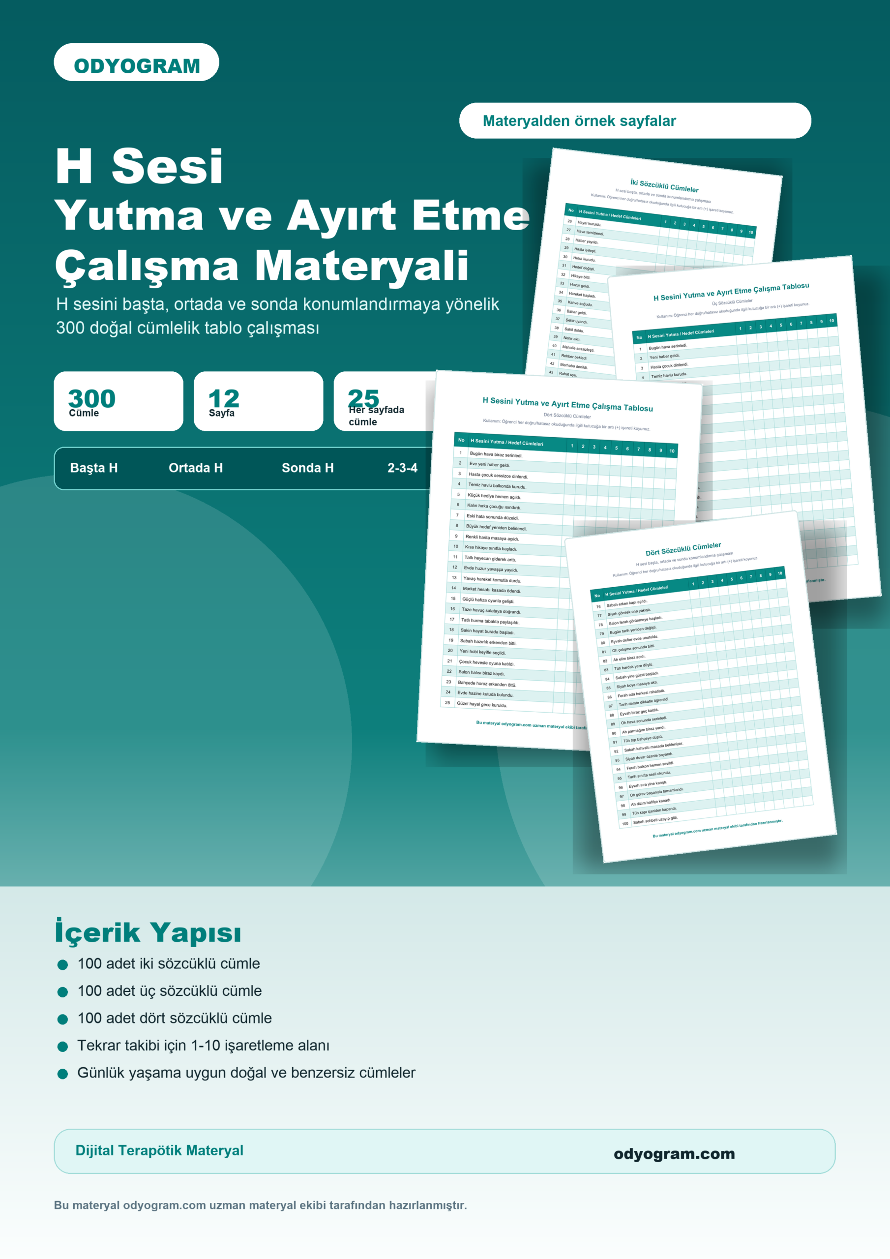 H Ses İkamesi ve Ayırt Etme Çalışma Tablosu